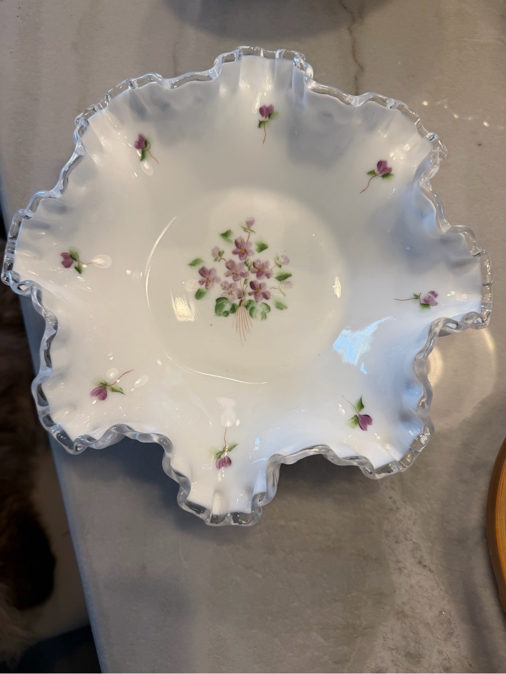 Vintage White Floral Ruffled Glass Serving Bowl